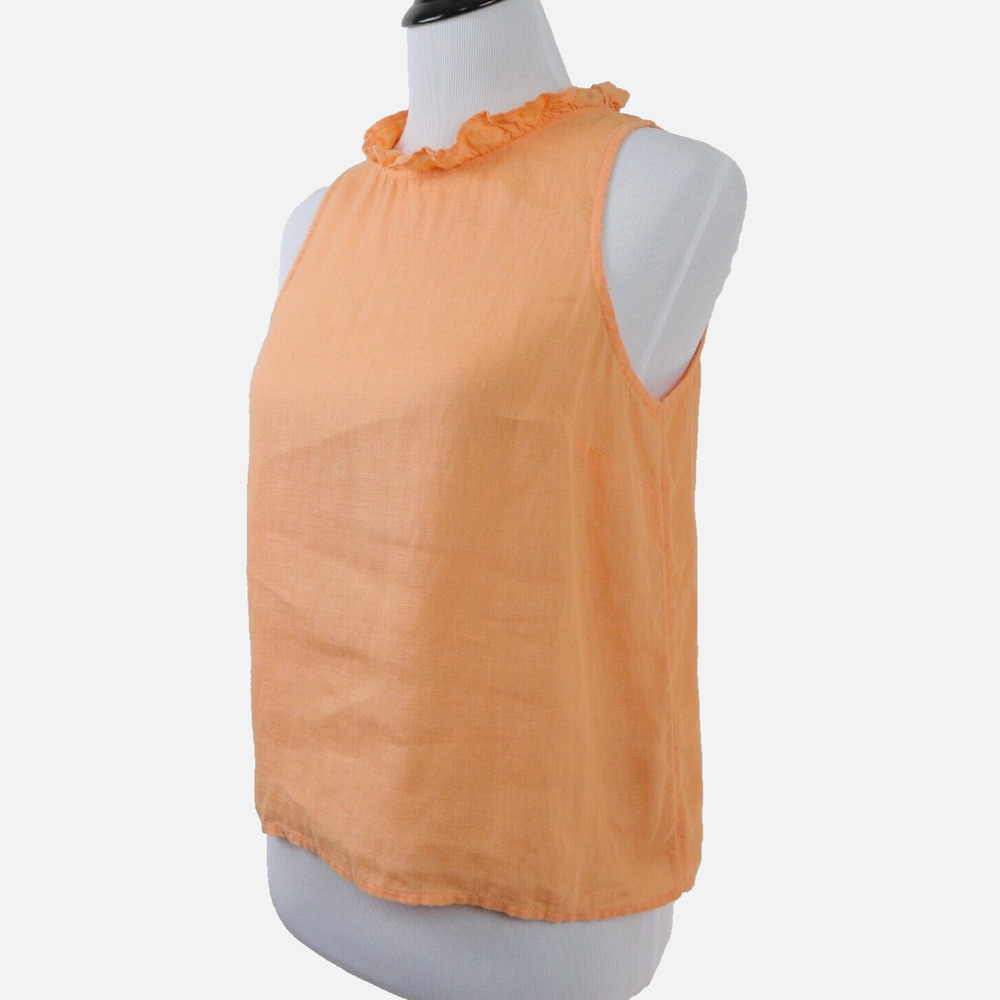 J Crew Size XS Linen Ruffle Neck Fleur Blouse Orange Coastal Sunset